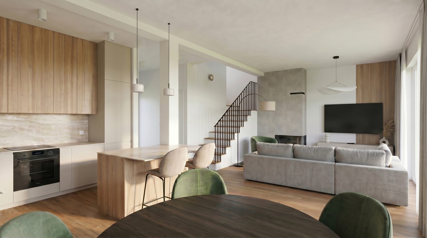 Salon – kominek i schody
